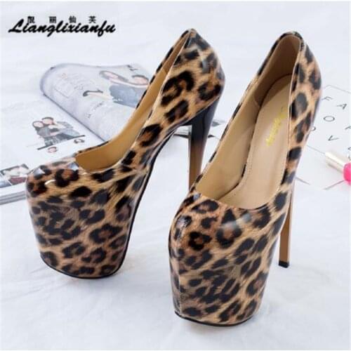 Crossdresser Stiletto zapatos mujer Plataforms ladies 20cm thin heels shoes woman wedding Leopard Nightclub pumps Plus:48 49 50