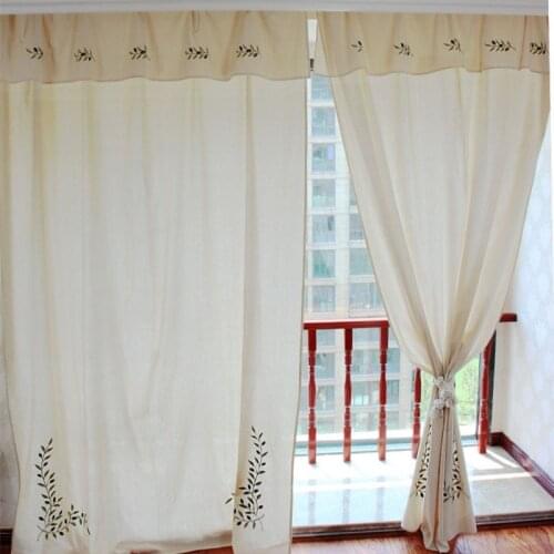 Upscale Cotton Linen Curtains with Valance for Living Room Bedroom Pastoral Finish Curtain with Embroidery Leaves Window Drapes