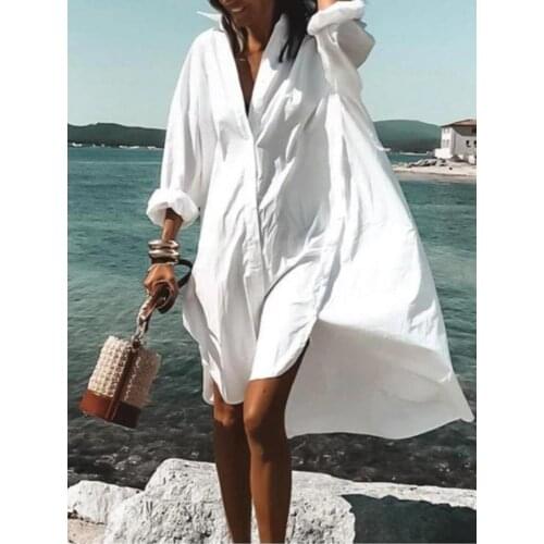 Women Button Beach Cover Up Shirt Sexy White Beach Cover Up Blouse Tunics Long Sleeve Swimsuit Cover-ups Tops Casual Beachwear
