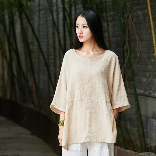 Women Summer Loose Cotton Linen Tees Shirts Tops Female Plus Size Solid Color Vintage Tee Shirt Ladies T-Shirt 2019