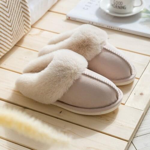 Women Fur Home Slippers Quality Suede Flat Cotton Shoes Man Plush Slippers Couple Bedroom Slides Furry Indoor Shoes New