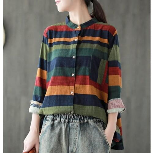 Women Vintage Tops Autumn Spring 2018 Stripe Cotton Linen Cardigan Contrast Color Long Sleeve Shirt Mori Girl Loose Women Blouse