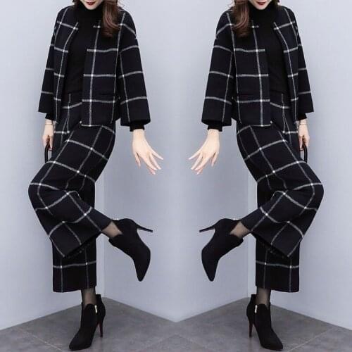 Plaid Woolen Two Piece Sets Winter Outfits Women Plus Size Short Coat+Pants Suits Elegant Woman Autumn Office Korean Sets AA5245
