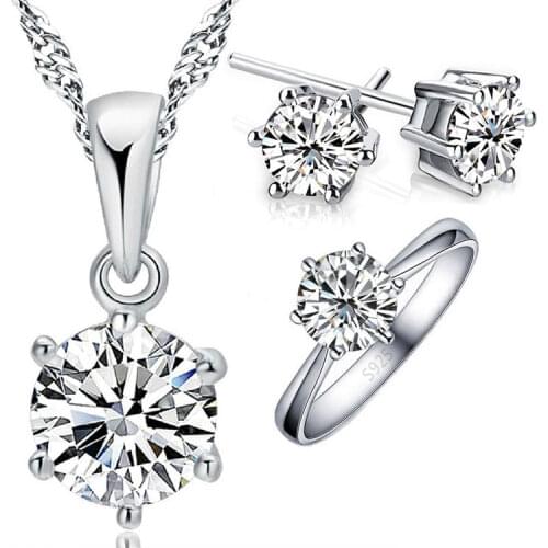 Top Quality Women 925 Sterling Silver Cubic Zircon Statement Necklace & Earrings Rings Wedding Jewelry for Women Gift