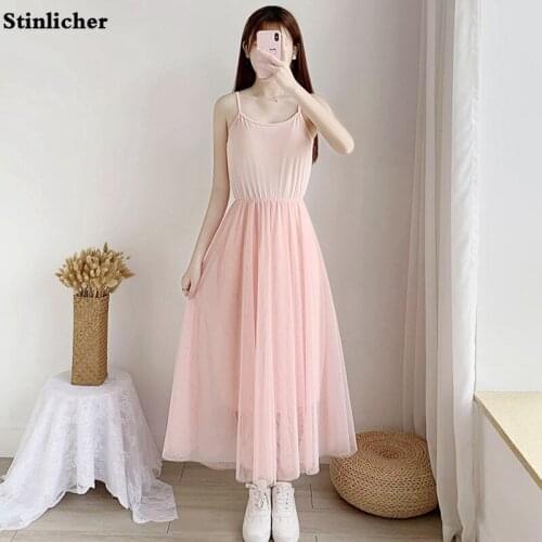 Women spaghetti strap dress casual loose A-line mesh dress ladies summer all-match black pink long party dress