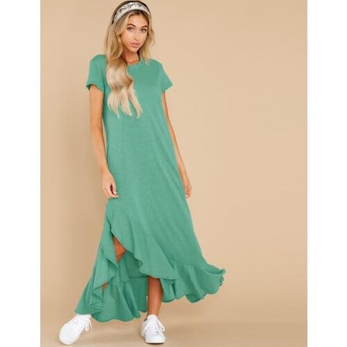 2021 summer casual loose new round neck short sleeve slit long dress