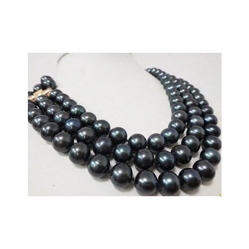 NOBLEST 3 STRAND TAHITIAN 9-10MM BLACK AAA PEARL NECKLACE 18-20 INCH choker