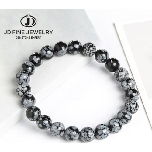 JD 4-12MM Natural Stone Snowflake Stone Beads Elastic Bracelet Grey Black Color Smooth Round Beads Stretch Bracelet Jewelry
