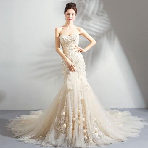 JSLYHS New Champagne Bride Wedding Dresses Dream Flowers Sexy Tube Top Fishtail Tail Bridal Gown свадебное платье