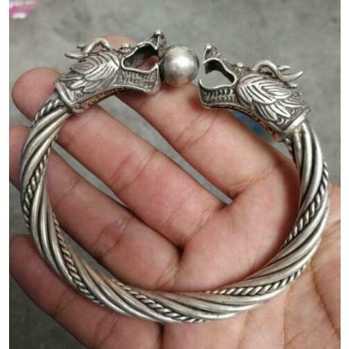 China Tibetan silver hand-made engraving double-headed dragon silver bracelet
