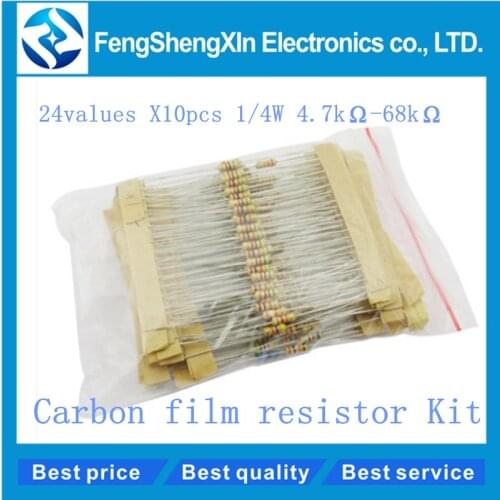 24Values*10pcs=240pcs 1/4w (0.25w) 5% Carbon Film Resistors Kit (4.7kR-68kR) Carbon Film Resistor