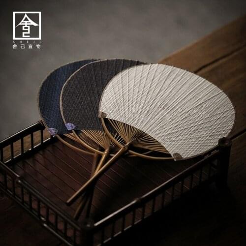 Retro Old Cloth Bamboo Circular Fan Japanese Style round Fan Ancient Style Temple Fan round Fan Handmade Tea Ceremony Utensils