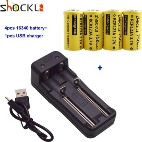 Shockli 3.7V 750mAh Lithium Li-ion 16340 Battery CR123A Rechargeable Batteries with Universal 2 Slot USB Battery Charger