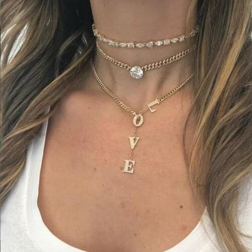 Y lariat multi layer women necklace valentines gift LOVE letter heart cubic zirconia Miami wide Curb Cuban link chain necklaces