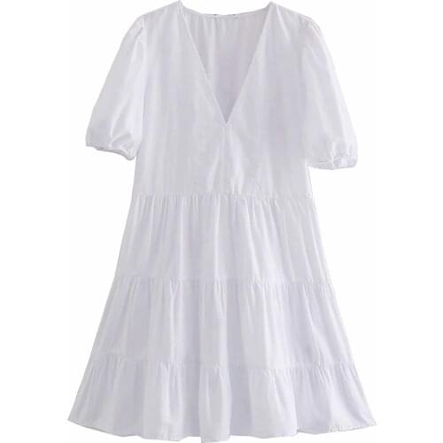 Dave&Di England Style Fashion Summer Dress Vestidos Indie Folk Vintage White Simple V-neck Party Mini Dress Women Tops