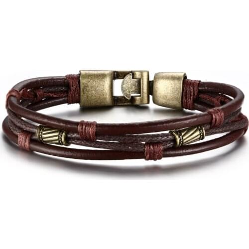 2021 Fashion European And American Style Retro Alloy Leather Material Cord For Mens Accessories Braided Bronze Metal Bracelet