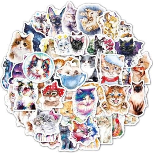10/30/50PCS Cute Cartoon Watercolor Painting Cat Sticker Bike Travel Luggage Laptop Cartoon Sticker Decals for Kid Gift