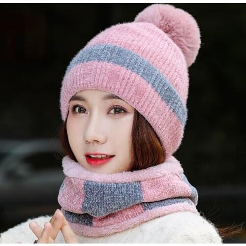 2019 New Winter Women Hat Scarf Set Warmer Female Caps Scarf Set Wool Knitted Lady Bonnet Plush Girls Hat Scarf Winter Accessory