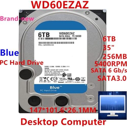 New HDD For WD Brand Blue 6TB 3.5" SATA 6 Gb/s 256MB 5400RPM For Internal Hard Disk For Desktop Hard Drive For WD60EZAZ