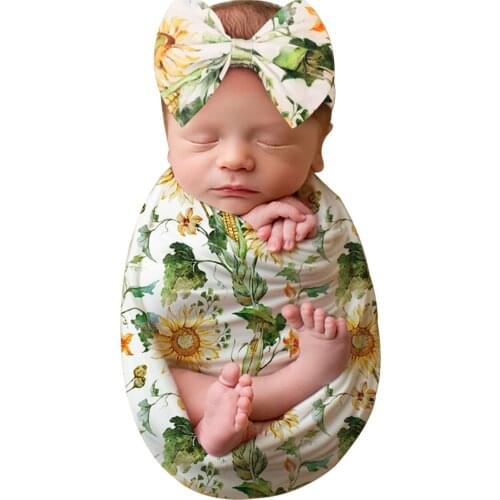 Newborn Baby Cute Swaddle Blanket Sleeping Swaddle Headband Set Infant Flower Printed Swaddle Blanket Sleeping Wrap