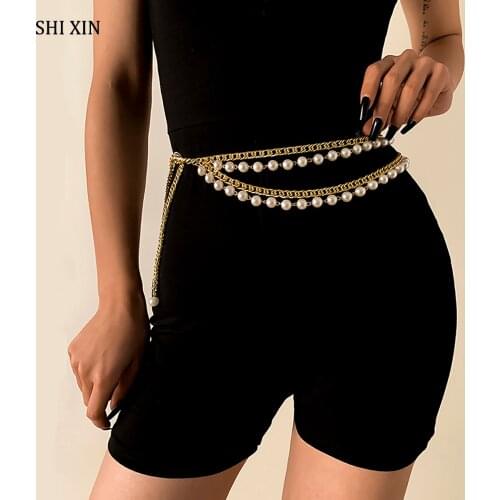 SHIXIN Layered Pearl Beads Tassel Belt Chain on Pants Fashion Dress Accessories Female Waist Chains on Jeans Women Waist Belts