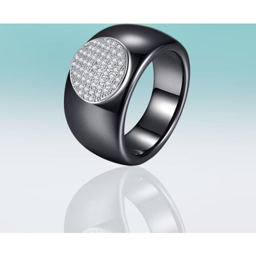 Luxury Black White Ceramic Ring Silver Color Big Round Zirconia Wide Wedding Band Rings for Women Jewelry Party Delicate Gifts