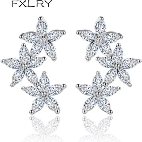 FXLRY New Design White AAA Cubic Zircon Five Leaf Flower Classic Brilliant Sweety Stud Earrings For Gril To Gift JEWELRY