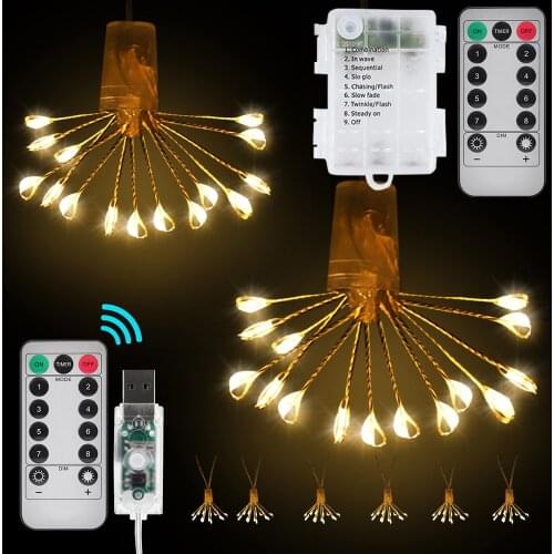 Remote Control LED Firework String Light Battery/USB Operated 10 Pcs Firework Copper Wire Lights Xmas Twinkle String Lights D30