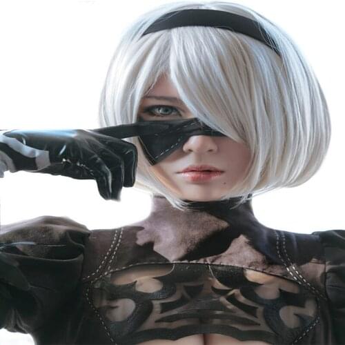 NieR:Automata 2B YoRHa No. 2 Type B Heroine Short Silver White Bobo Heat Resistant Cosplay Costume Wig (not include eye pa