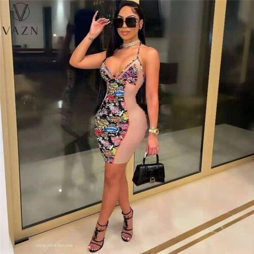VAZN New 2021 Colorful Patchwork Summer Beach V-neck Strap Sleeveless Dress Sexy Regular Dress Women Elegant Fashion Dress