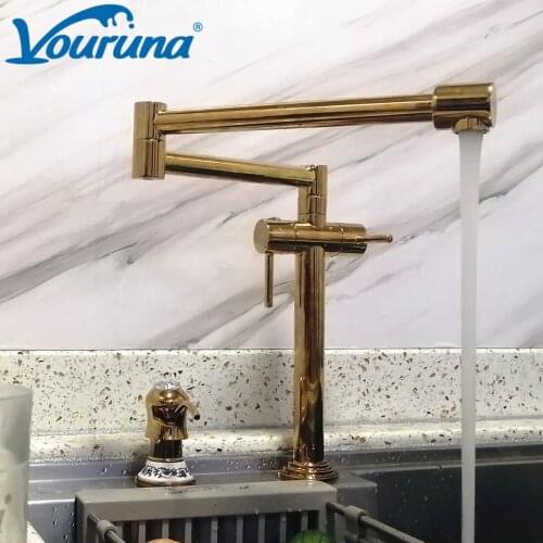VOURUNA Solid Brass Hot&Cold Pot Filler Tap Deck Mounted Kitchen Faucet Brushed Golden