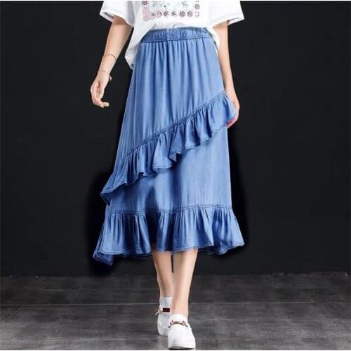 Hot sale 2020 Autunm women Ruffled long skirt,brand soft Summer Denim skirts Plus size Spring vintage skirts 5xl 6xl 7xl