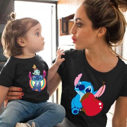 Hot Sales Women T-shirt Disney Lilo Stitch Family Matching Outfits Clothes Baby Short Sleeve Tees Beach O-neck Cotton Black Tops