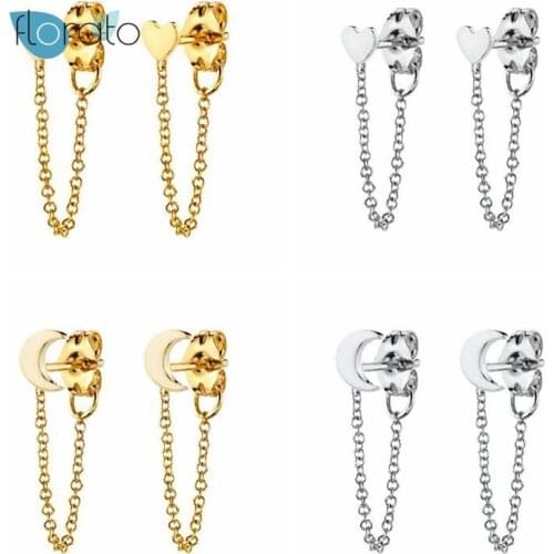 925 Silver Ear Needle Stud Earring Cute Moon and heart Chain Woman For Christmas Anniversary Party Gift Pendientes Oorbellen