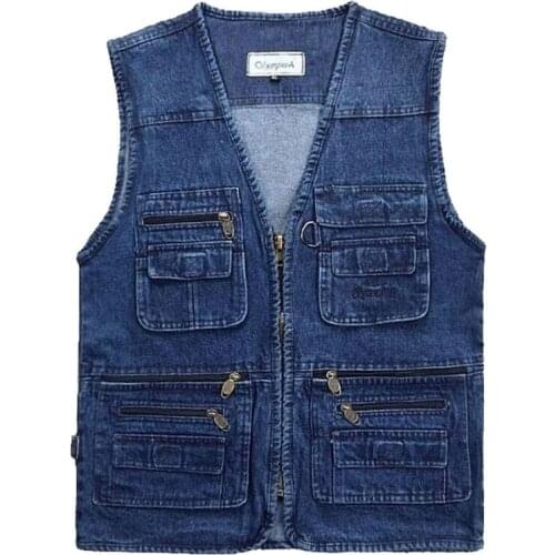 2021 Big Size V-Neck Classic Multi Denim Work Vest Mens Solid Casual Waistcoat with Many Pockets Fishing Vest Sleeveless Jacket