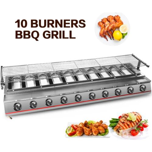 10 Burners Outdoor Steel Grill Stove Glass Steel Shield Cover Adjusting Height Kebab Meat Roaster Grill Camping Gas Smokeless