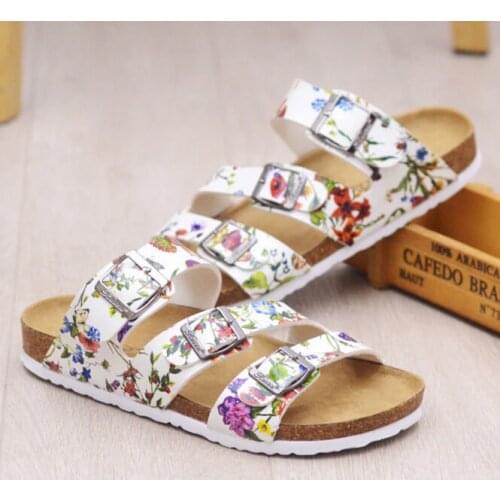 Brand designer women cork sandals three belt flip flops fashion buckle cork beach sandals flower printing summer shoes woman