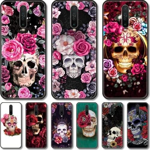 Flowers skull Phone Case For Redmi 10 9 8 7 6 GO S C T PRO Note 5G Black Cover TPU