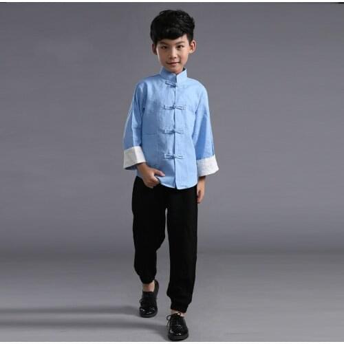 Shirt+pants Flax Children Chinese Ming Costume Boy Chinese Tunic Suit Kids Tang Chinese Folk Costume Male Hanfu Dance Costume 89