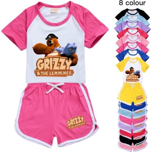 Grizzy Bear and The Lemmings Child T-shirt Shorts Sports Suit 3t Girls Clothes Summer Kids Boutique Clothing Wholesale Boy Shirt