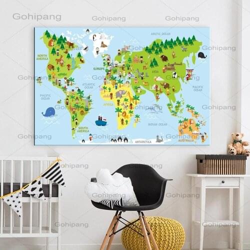 Canvas Hd Print Nordic Children Kawaii Cartoon Animals World Map Canvas Print Painting Poster Wall Pictures for Kids Home Decor