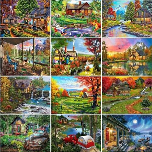 HUACAN Diamond Painting House Full Drill Square Round Needlework Diamond Embroidery Landscape Mosaic Rhinestone Kit Home Decor