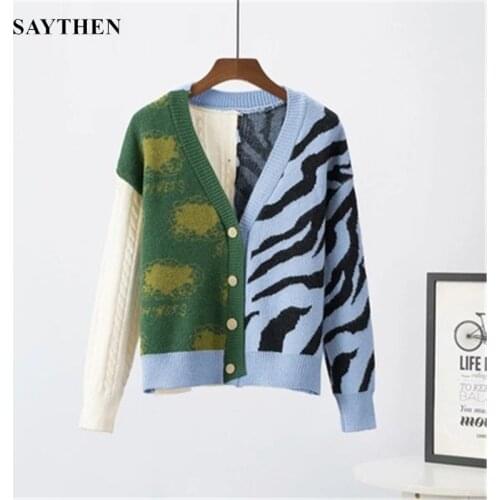 SAYTHEN Zebra Print Cardigan For Women Sweater V-Neck Autumn Casual Knit Women&Sweaters Fashion Sweet Ladies Knitwear Top