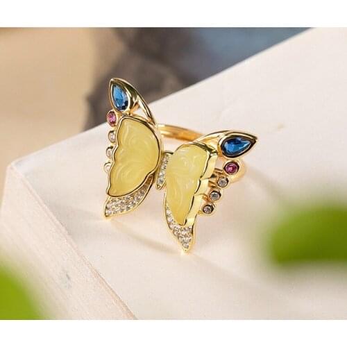 100% Pure S925 sterling silver gold-plated natural beeswax ring, light luxury and personalized butterfly female ring New