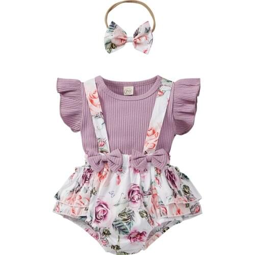 3Pcs Sweet Style Little Girls Outfit Solid Color Fly Sleeve Round Collar Top + Floral Printing Suspender Shorts + Bow Headwear