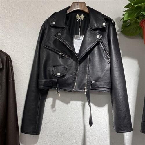 Spring Autumn Chic Oblique Zipper Slim Waist Lace-up Faux Leather Women Biker Jacket Short Casual Female Moto Outwear Streetwear