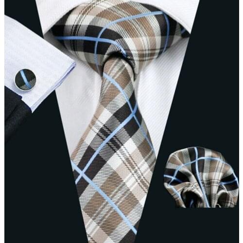LS-382 Men`s Tie Plaid 100% Silk Jacquard Woven Tie Gravata Hanky Cufflink Set For Formal Wedding Party Business Free Shipping