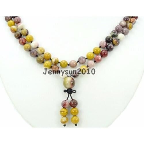 Natural Moukaite 8mm Gems Stone Buddhist 108 Beads Prayer Mala Knot Necklace Multi-Purpose 5Strands/Pack