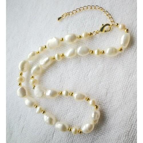 Bright white 9x10mm baroque pearl gold beads necklace gold clasp natural Freshwater PEARL Women Jewelry 14'' 17'' 35cm 43CM