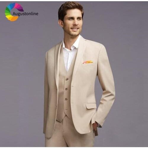 Slim Fit Beige Men Suits Wedding Groom Tuxedos Bridegroom Set 3 Pieces (Jacket+Pants+Vest) Best Man Blazer